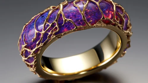 Elegant Golden Ring with Purple Opals - Bio-Art Inspired Jewelry
