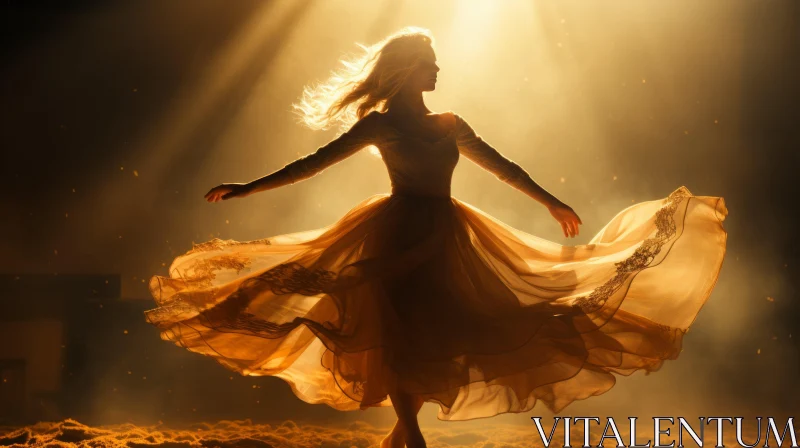 Ethereal Dance in Sunlight - Woman in Golden Dress AI Image