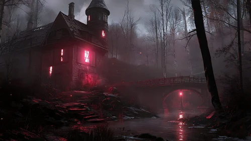 Red Lit House in the Woods