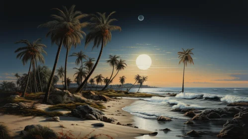 Moonlit Seascapes: Serene Evening Scene with Palm Trees on the Beach
