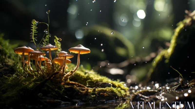 Mushrooms in Lush Forest - Nature-Inspired, Light-Focused Imagery AI Image