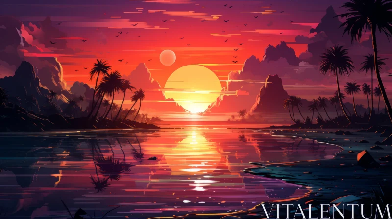 Psychedelic Sunset Over Waterway with Palm Trees Illustration AI Image