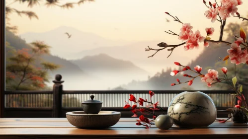 Serene Asian Table Decor with Mountainous Vistas