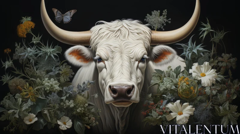 White Bull Amidst Flowers - A Moody Tonalist Artwork AI Image