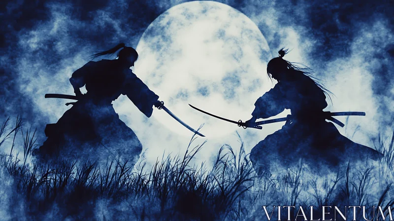 AI ART Moonlit Samurai Battle - Swords Clash