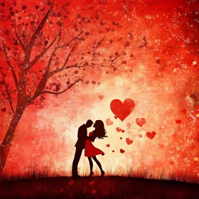 Silhouette Couple in Love with Hearts