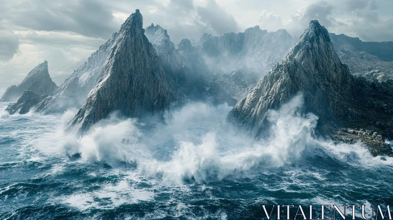 AI ART Majestic Rocky Mountains Amidst Sea Storm