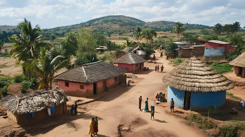 African Village Huts and Landscape