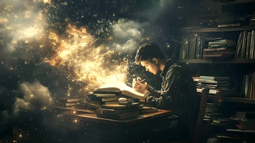 Man Reading Book with Magical Light