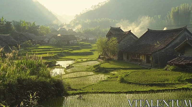 Picturesque Asian Village with Rice Fields AI Image