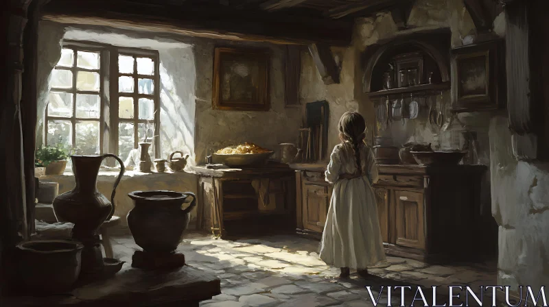 Girl in Rustic Kitchen Artwork AI Image