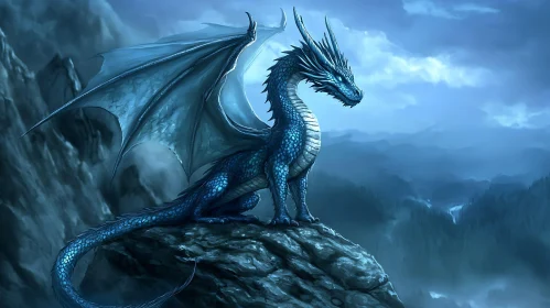 Fantasy Dragon Overlooking Misty Mountains