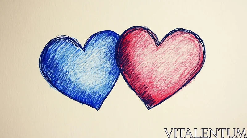 Red and Blue Hearts Drawn Together AI Image