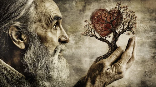 Old Man Holding a Heart Tree