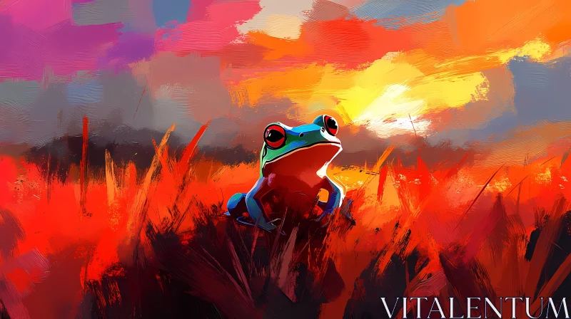 Colorful Frog at Sunset in Artistic Landscape AI Image