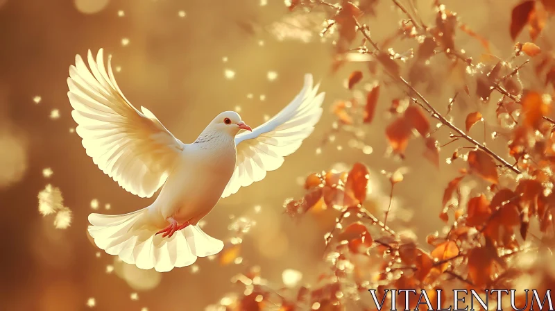 White Dove Flying Among Autumn Leaves AI Image