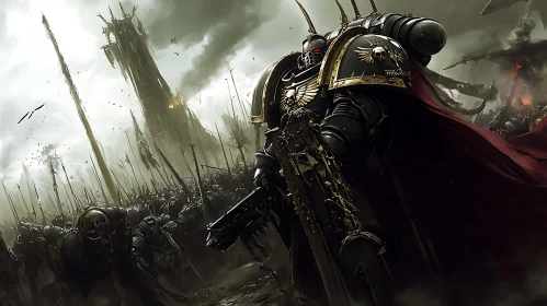 Armored Warrior in Battlefield Scene