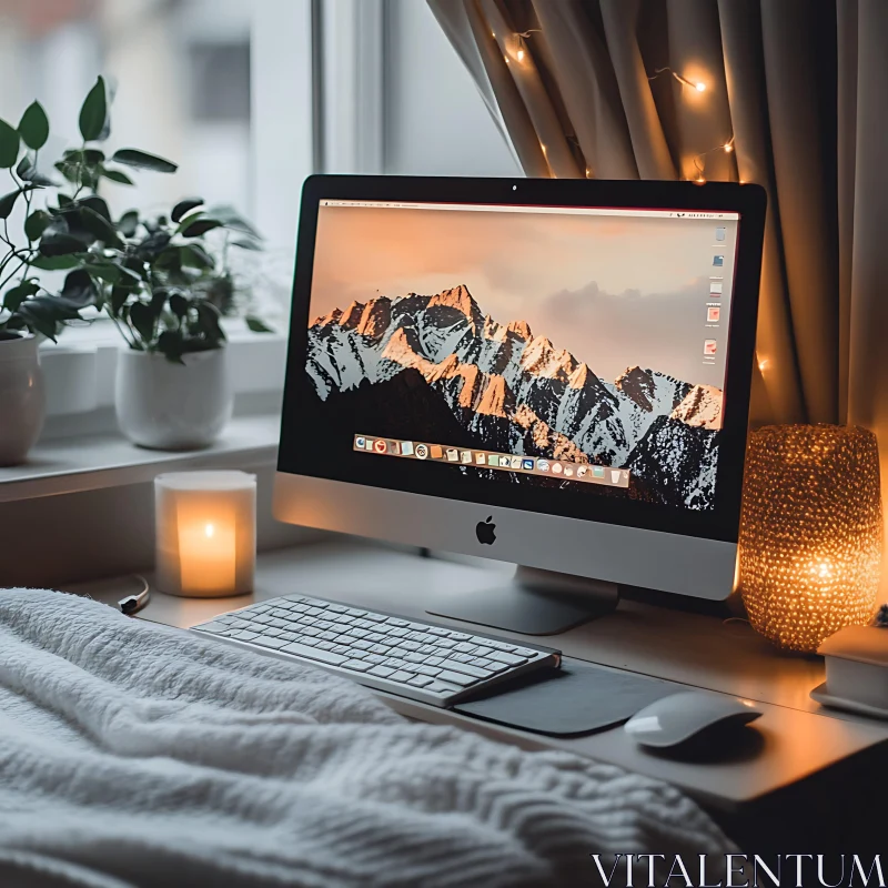 Serene Home Office Setup with Mountain View Desktop AI Image