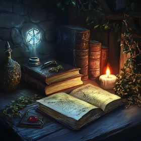 Mystical Still Life with Books and Candle