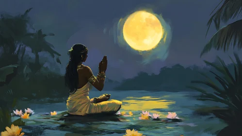 Woman Meditating Under Full Moon