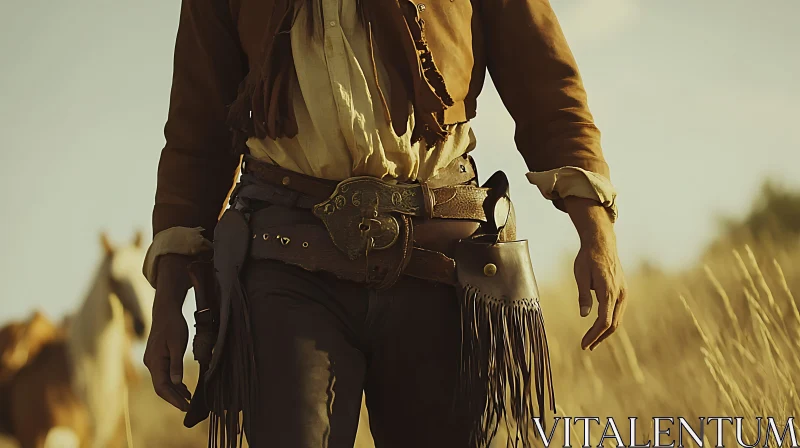 Cowboy Walking Through Golden Field AI Image