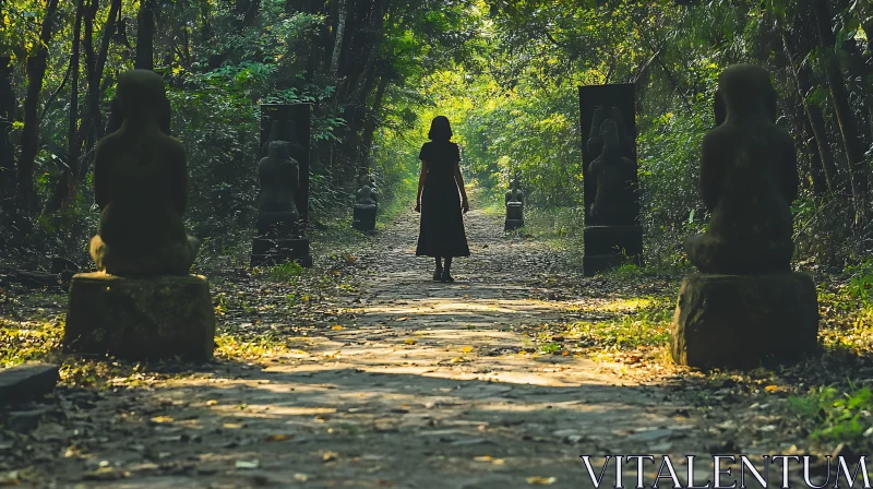 Woman Walking Forest Path Statues AI Image