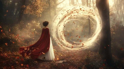 Forest Portal with Red Cloak Woman