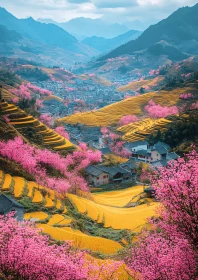 Scenic Valley with Terraced Fields and Blossoms