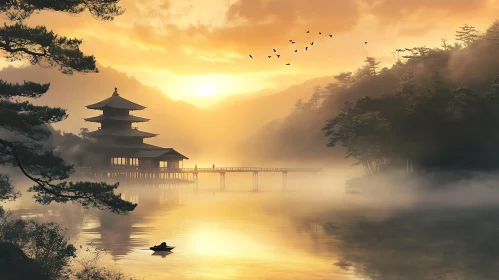 Misty Temple at Dawn