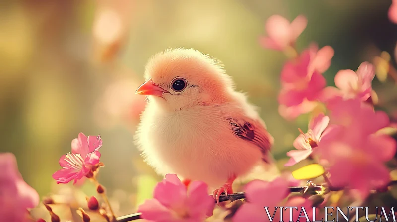 Fluffy Chick and Pink Flowers AI Image