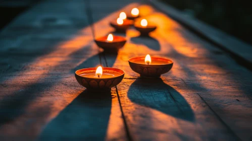 Illuminated Candles on Wood Surface