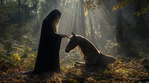 Enchanted Forest: Cloaked Figure and Unicorn