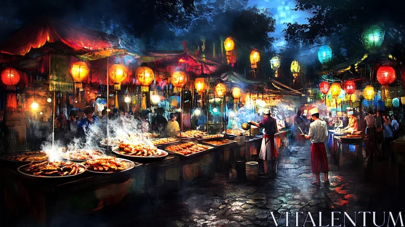 Lively Street Food Market at Night AI Image