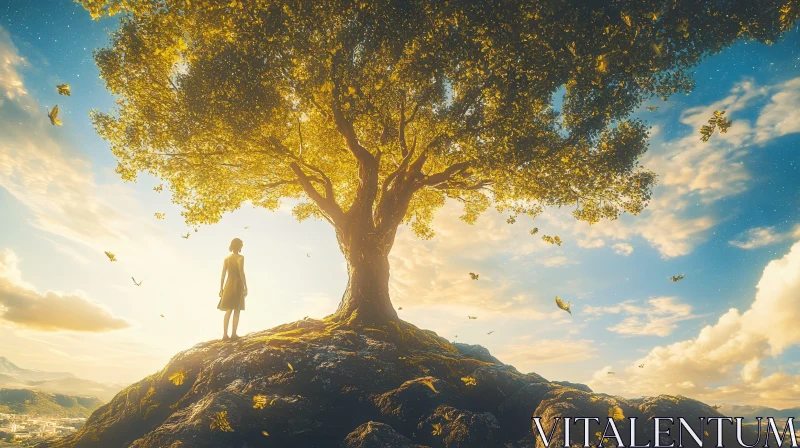 Solitary Woman Beneath Golden Tree AI Image