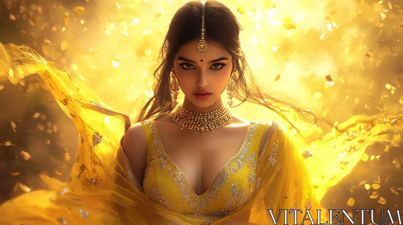 Woman in Yellow Dress and Gold AI Image