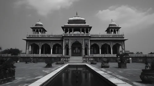 Monochrome Building with Water Reflection