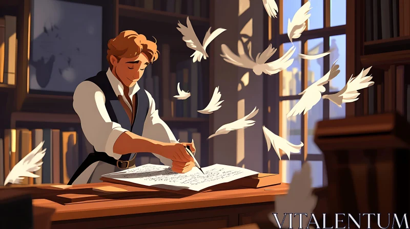 Man Writing with Feather Accents AI Image