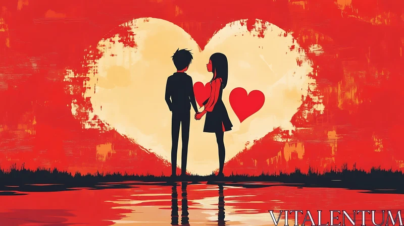 Silhouette Couple Holding Hands with Heart AI Image