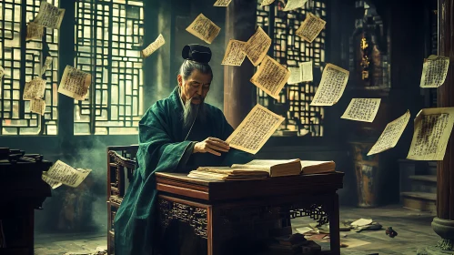 Scholar immersed in study with floating papers