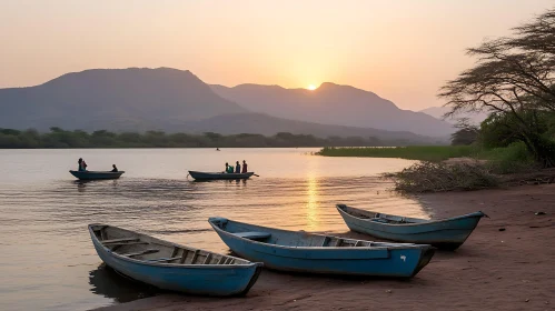 Boats at Sunset by the Lake
