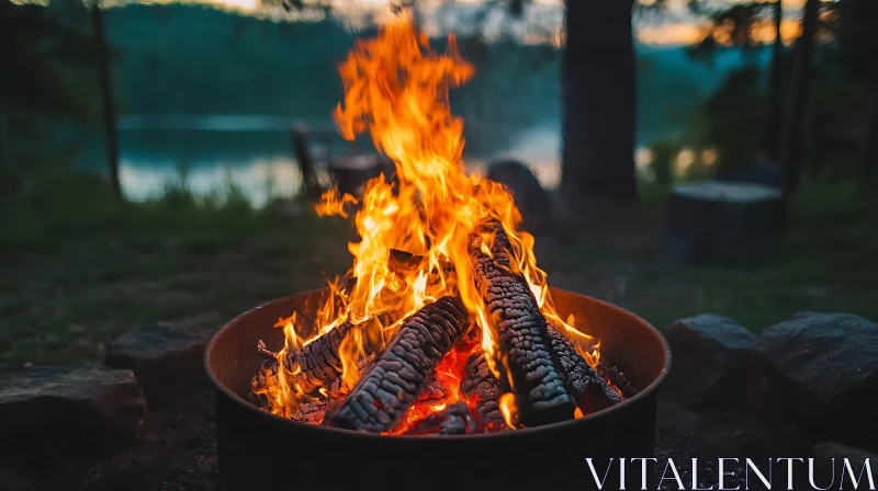 Lakeside Campfire in a Twilight Forest Setting AI Image