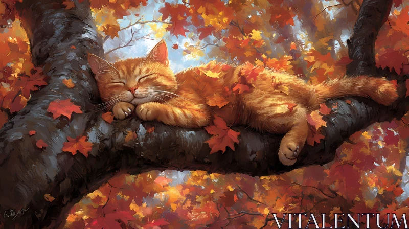 Tranquil Feline Resting in Fall Foliage AI Image