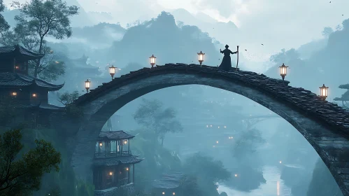 Misty Asian Village with Lit Bridge