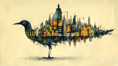 Urban Bird Watercolor Composition