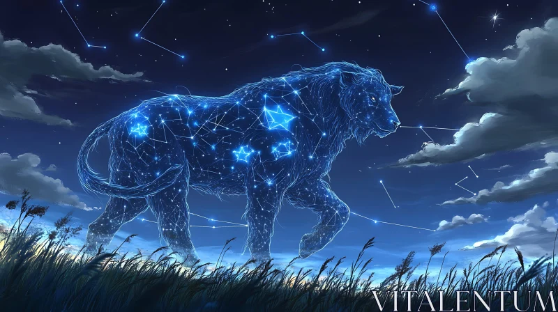 Glowing Lion in Starry Night AI Image