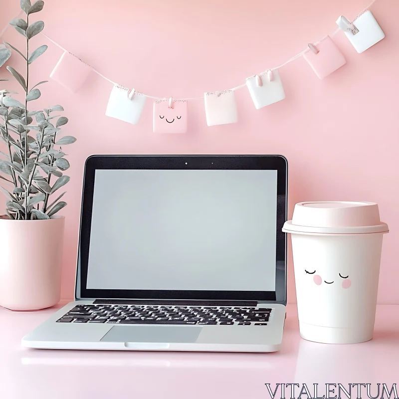 Charming Pink Desk Setup with Coffee Cup and Plant AI Image