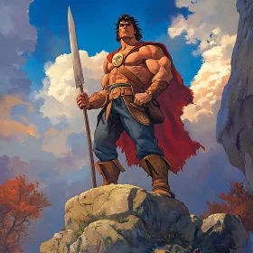 Spear-Wielding Warrior on a Rocky Outcrop