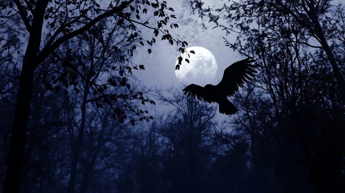 Nocturnal Raven Silhouette with Moon