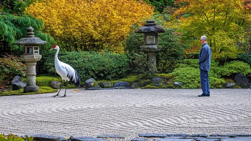 Serene Japanese Garden with Crane and Man