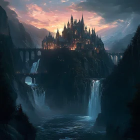 Fantasy Castle Landscape with Waterfalls